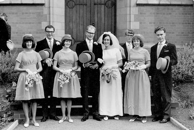 1964. Russon and Kay, with bridesmaids Elizabeth, Julie and Ursula, and grooms Barrie (best man), Nigel and Kay's cousin Thomas